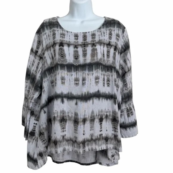 Bryn Walker Fran Gray Linen Bell Sleeve Tie Dye Tunic Top Blouse Size Large - Picture 1 of 12
